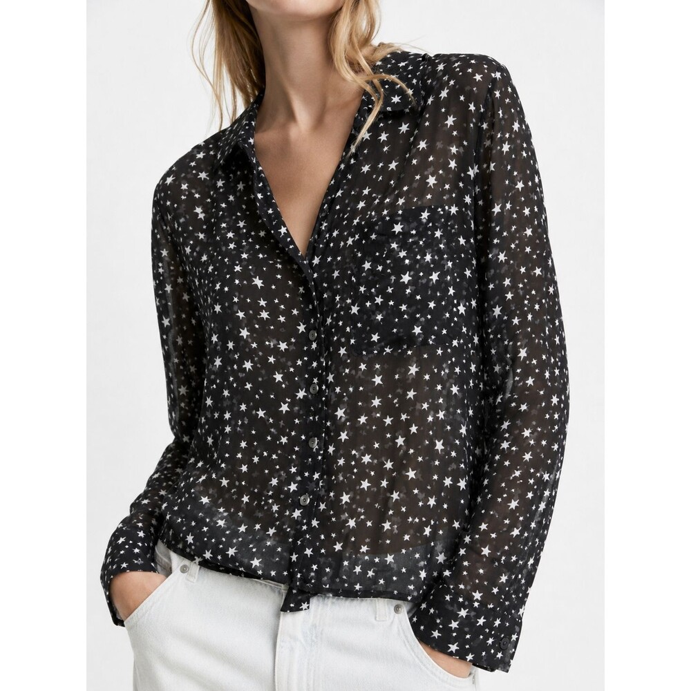Black White Star Print Sheer Chiffon Blouse M Button Up Y2K Celestial Goth Top